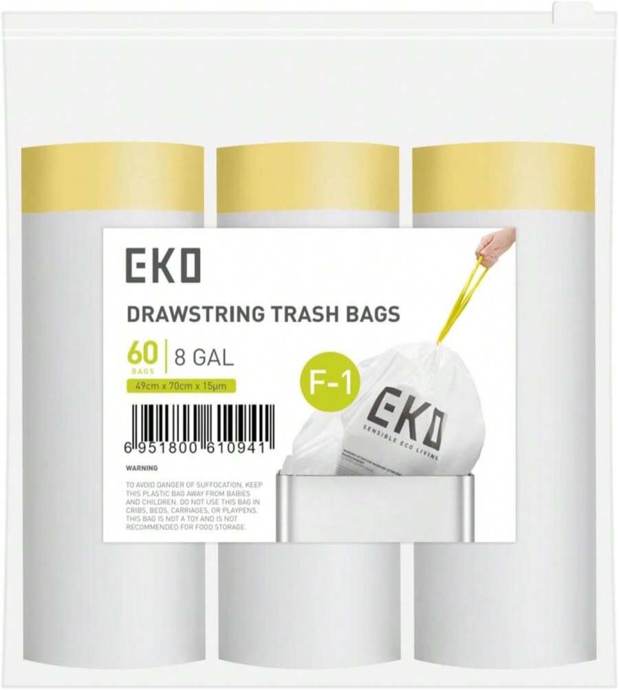 EKO 21 Gallon _ 50-90 Liter, 60 Count Drawstring Trash Bags, Extra-Strong Unscented Garbage Bags, Easy-Dispense Roll For Kitchen &Amp; Household Use, Code G, White - ColorE - 查看 1