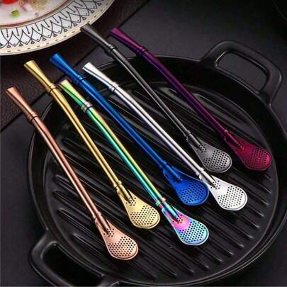 1 pièce Paille à boire en métal, cuillère infuseur à thé à double usage en forme de fleur, passoire à thé en acier inoxydable, cuillère à remuer café à double usage tout-en-un, accessoire de cuisine et de bar réutilisable, convient pour le café, la filtration du thé, les boissons, ustensile de cuisine (style aléatoire)