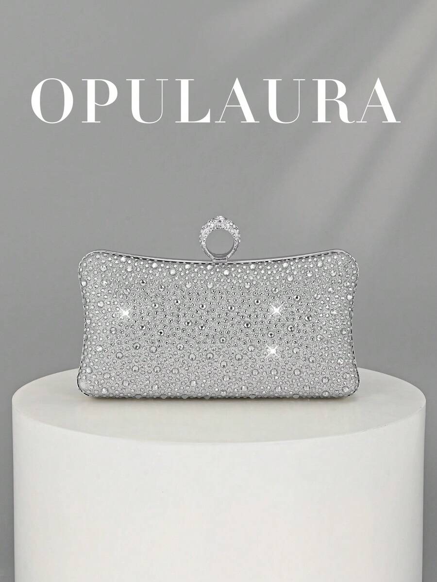 OpulAura 女士镶钻晚宴手拿包，闪亮银色盒形手提包，配金属链条，完美适用于婚礼、派对、圣诞节、万圣节舞会、夜间活动。也是生日、情人节、聚会的理想礼物。可用作斜挎包、手提包或手拿包，也可作化妆包使用。是完美的婚礼必备单品，与毕业礼服和正式晚礼服完美搭配。 - 銀色 - 查看 1