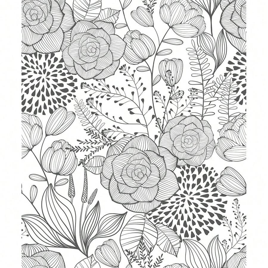 Wudnaye Black And White Floral Wallpaper Peel And Stick Floral Contact Paper 17in*118.1in Flower Black White Se- Adhesive Wall Paper For Bathroom Waterproof Removable Wallpapers Cabinets Decorative - 深灰色 17英寸 x 118英寸 - 查看 1