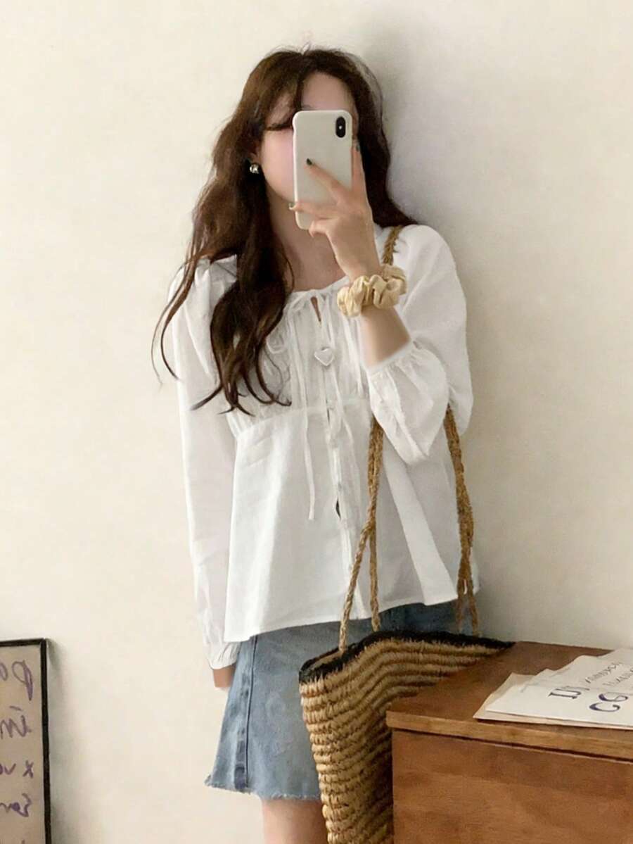 Niche 女士单排扣蝴蝶结圆领宽松修身百搭长袖衬衫 - 白色 - 查看 1