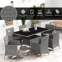Outsunny 7-Piece Rattan Garden Furniture Set With Cushions, 6 Seater Garden Table And Chairs, Rattan Dining Set With 6 Armchairs, Rectangular Glass Top Table - Dark Grey - View 3