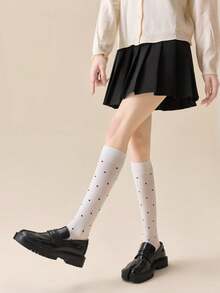1/3 双装 女士复古波点针织五指袜，中筒休闲弹力显瘦五指袜，日系黑白灰可爱过膝袜 - 彩色 - 查看 6