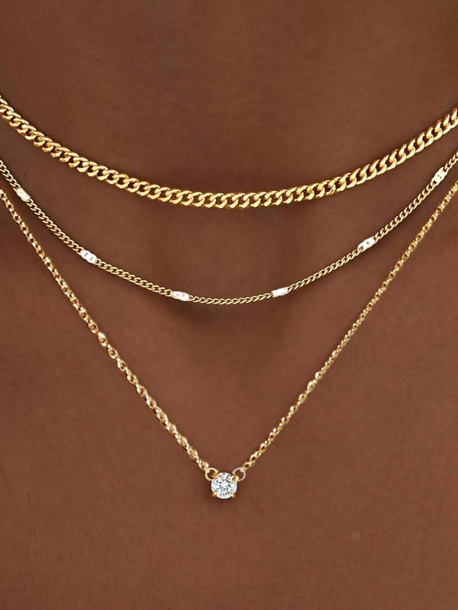 Teen Layered Gold Necklace, Exquisite Pendant Necklace, Inlaid With Cubic Zirconia Circles, Thick Stacked Cuban Chain Necklace, Fashionable Waterpr For Kids - Multicolor - View 1