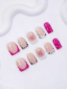 10pcs-Y2K Press On Nail, Short Square Duck Nails, 100%Handmade, Reusable, Rose Red Nails, Nude Color, Paired With French, 3D, Cross, Little Snake, Suitable For Daily Wear, Parties, And Also The Best Valentine's Day Gift For Girls And Women - Hot Pink - View 3