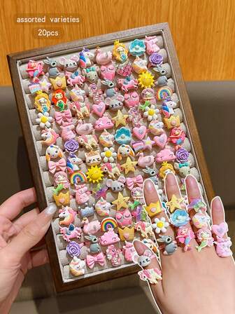 20pcs Assorted Cartoon Style Adjustable Rings, Fashionable & Cute Jewelry Accessories