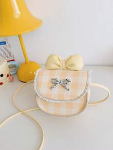 1个女童格子蝴蝶结蕾丝边PU磁扣时尚斜挎包，适合日常四季使用 - A - 查看 15