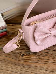1pc Girls' Solid Color Crocodile Embossed Bow Decor PU Zipper Closure Handbag & Crossbody Bag, Suitable For All Seasons Daily Use - A - View 8