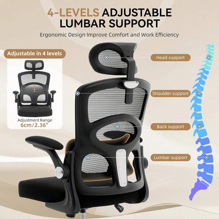 Ergonomic Office Chair, Mesh Home Computer Chair With Wheels, High Back Gaming Computer Chair With Adjustable Headrest, Swivel Work Chairs For - BLACK-vINE - View 3