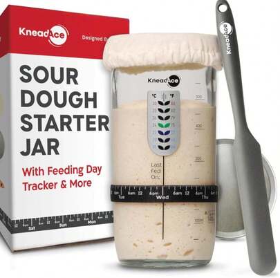 KneadAce Sourdough Starter Jar With Date Marked Feeding Band, Thermometer, Sourdough Jar Scraper, Sourdough Container Sewn Cloth Cover &Amp; Metal Lid, Sourdough Starter Kit