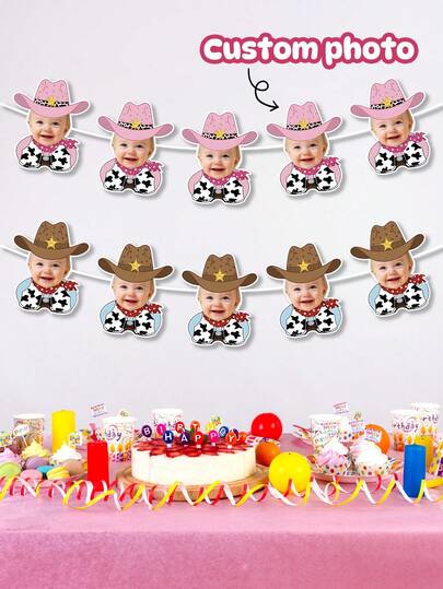 7/14/21pc Customized Cowboy Face Paper Banner, Personalized With Your Photo Pink Cowgirl Brown Cowboy Banner Hanging Decoration, Western Themed Birthday Party Supplies, My First Cowboy Athletic Birthday Party Gift, Cowboy's 1st Birthday, Personalized Gift ,Bachelorette Party Favors