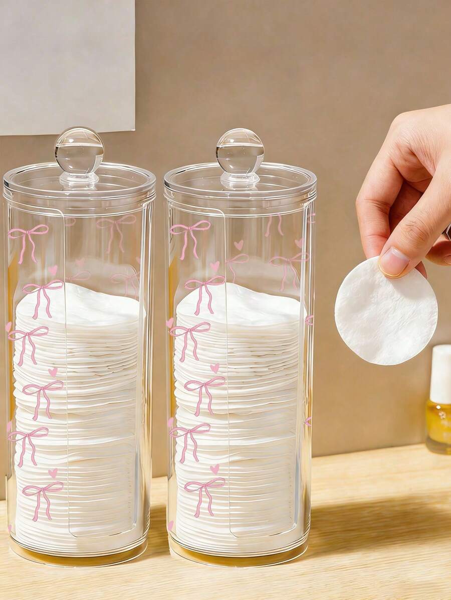 Transparent Pad Box With Pink Bow And Heart Pattern, Makeup Remover Pad Dispenser, Hairband Storage Box Covered Makeup Remover Pad Storage Box, Transparent Cosmetic Organizer, Bathroom Makeup Swab & Pad Holder,Gifts For Women,Valentine's Day Gifts,Gift Ideas For Women - Multicolor - View 1