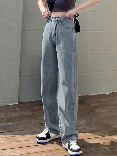 Women's Loose Fit Pockets Wide Leg Casual Versatile Denim Jeans