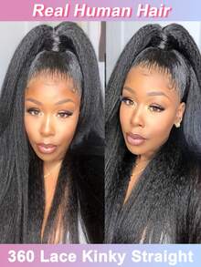 卷曲直发假发，真人发，360°蕾丝前额假发，预先拔毛，带婴儿发，150%密度，Yaki直发，360°透明蕾丝前额无胶假发，真人发假发，适合