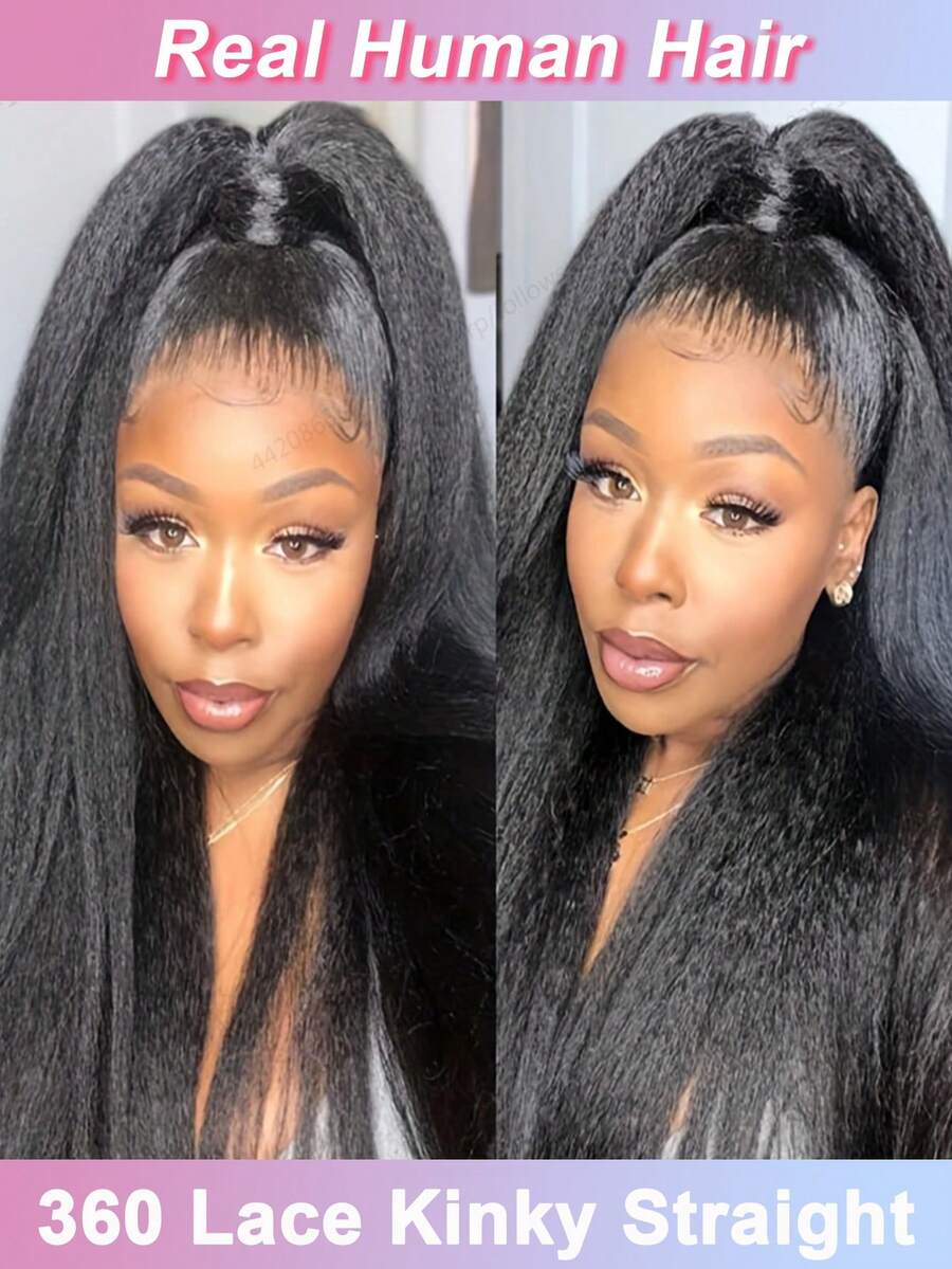 卷曲直发假发，真人发，360°蕾丝前额假发，预先拔毛，带婴儿发，150%密度，Yaki直发，360°透明蕾丝前额无胶假发，真人发假发，适合