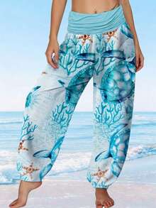 YI XUAN Plus Size Knitted Fabric Harem Pants, Ruched Waistband, Turtle And Coral Print, Long Wide Leg Lantern Pants, Suitable For Spring And Autumn Casual Vacation - Blue - View 5