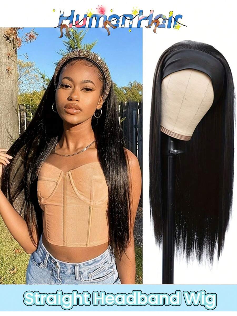 24英寸优雅长直发发箍假发，真人发丝，骨直发，180%密度，无胶假发，全机织巴西真人发假发，专为设计，易于佩戴 - Natural Black - 查看 1