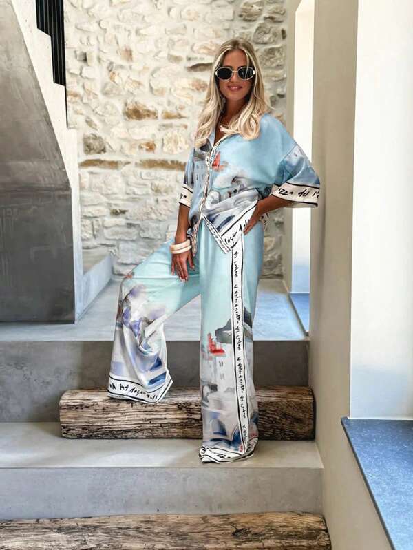 2pcs Set: City Print Shirt With Decorative Trim & Wide Leg Pants, Fashion Style Summer