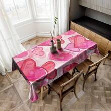 1件套粉色渐变格子爱心情人节桌布套装，混搭风格涤纶长方形桌布，带有渐变爱心和格子爱心图案 - 彩色 - 查看 3