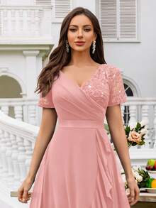 MIUSOL V领亮片蕾丝撞色雪纺荷叶边下摆优雅舞会礼服裙，适合婚礼宾客、正式晚宴及其他场合。 - 粉色 - 查看 8