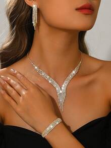 Fashionable Bridal Jewelry Set - Rhinestone Necklace, Earrings, Bracelet, Elastic Ring (Multiple Styles Available For Mix And Match) - Gold - View 16