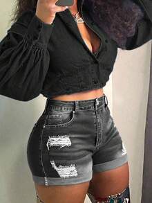 Women's Summer Mid Rise Ripped Denim Shorts Stretchy Butt Lifting Jean Shorts - Xám - Xem 3