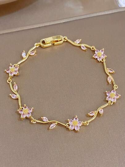 1 Pulsera de cadena con flor de cerezo, chapada en oro de 18K con cristal rosa, pulsera delicada y ajustable para mujer, para salida de primavera, citas, uso diario, aniversario, regalo de cumpleaños, regalo elegante para mamá, Navidad, carnaval, boda, fiesta, accesorios para el Día de San Valentín, joyería bohemia, regalos para damas de honor