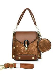 Black Rivet Flap Mini Lock Closure Mini Shoulder Bag, Korean Fashion Versatile Crossbody Bag, Chain Strap Handbag, Wide Strap Letter Print Tote Bag, Suitable For Daily Commute, Shopping, Dating And Other Occasions