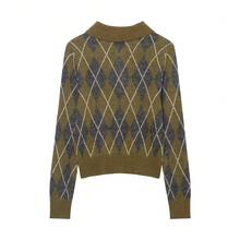 女士 Polo 领菱形格纹罗纹针织衫，学院风，长袖上衣，春秋季 - 橄欖綠 - 查看 2