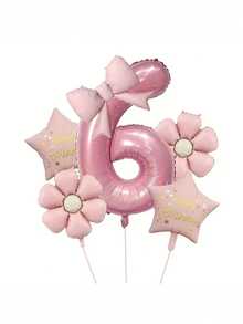 6pcs/Set Pink Number & Bow Tie Party Balloons, With Daisy, "Happy Birthday" And Star Foil Balloons, Suitable For Birthday Party, Celebration, Anniversary, Festival, Backdrop, Outdoor Party Decor, Photo Prop, Baby Shower - Multicolor - View 3