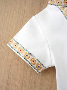 Middle Eastern Ramadan Baby Jumpsuit With Traditional Lace Trim - Short Sleeve White With Decorative Collar & Cuff Trim Details - White - View 4