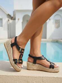 planare Women's Fashionable Summer Casual Vacation Style Rope Woven Sole Round Toe Open Toe Thick Bottom Wedge Sandals, Slip-On, Solid Color Versatile Indoor Outdoor Beach Wedge Sandals - Black - View 5