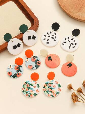 1 par de pendientes colgantes de arcilla polimérica con diseño en relieve de fruta fresca con patrón naranja, decoración geométrica minimalista para uso diario, casual, paseo, picnic y estilo lindo para amantes