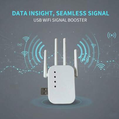 4天线白色WiFi信号扩展器/增强器，无线网络中继器，专为穿墙设计，带以太网端口，一键设置，接入点，兼容Alexa