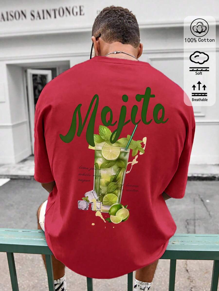 T-shirt de homem para verão e outono em 100% algodão, com estampado Mojito, para uso diário, streetwear, férias, casual e desporto - Vermelho - Ver 1