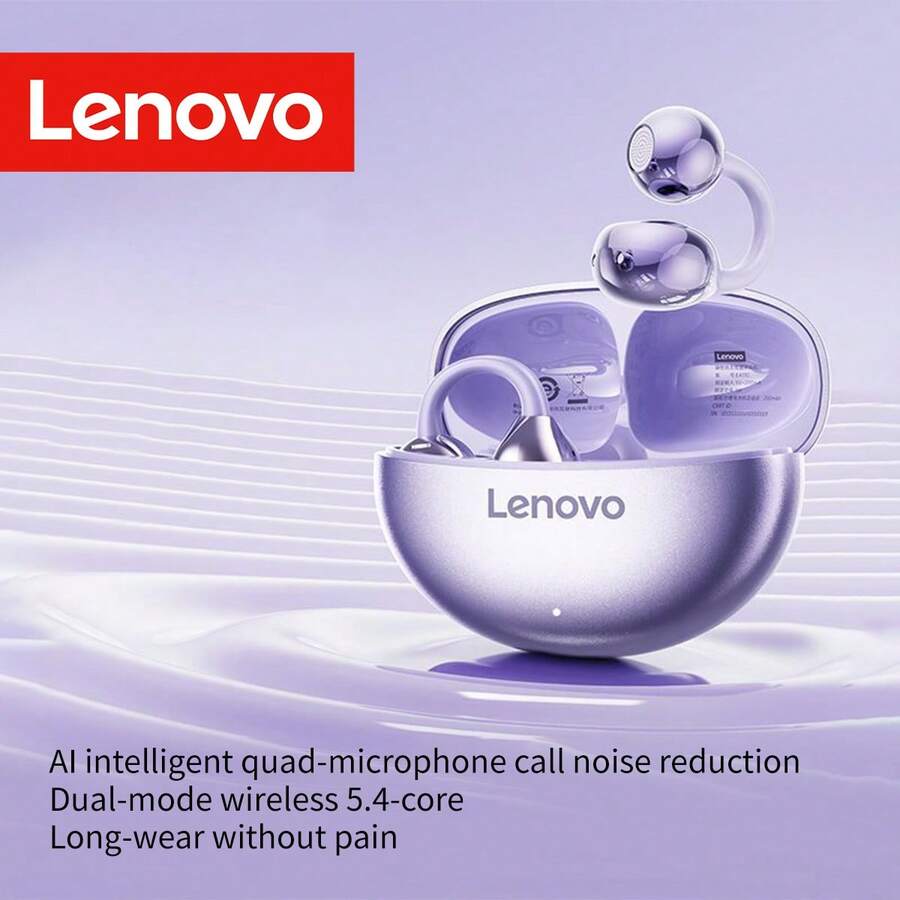 Lenovo kabellose Ohrhörer, Clip-On Stil, offenes Ohrdesign, extra lange Akkulaufzeit, hochwertige Audioqualität, intelligente Geräuschunterdrückung für Anrufe, bequemes Tragen, geeignet für langfristigen Einsatz, tolle Geschenkidee für Feiertage - Violett - Übersicht 1