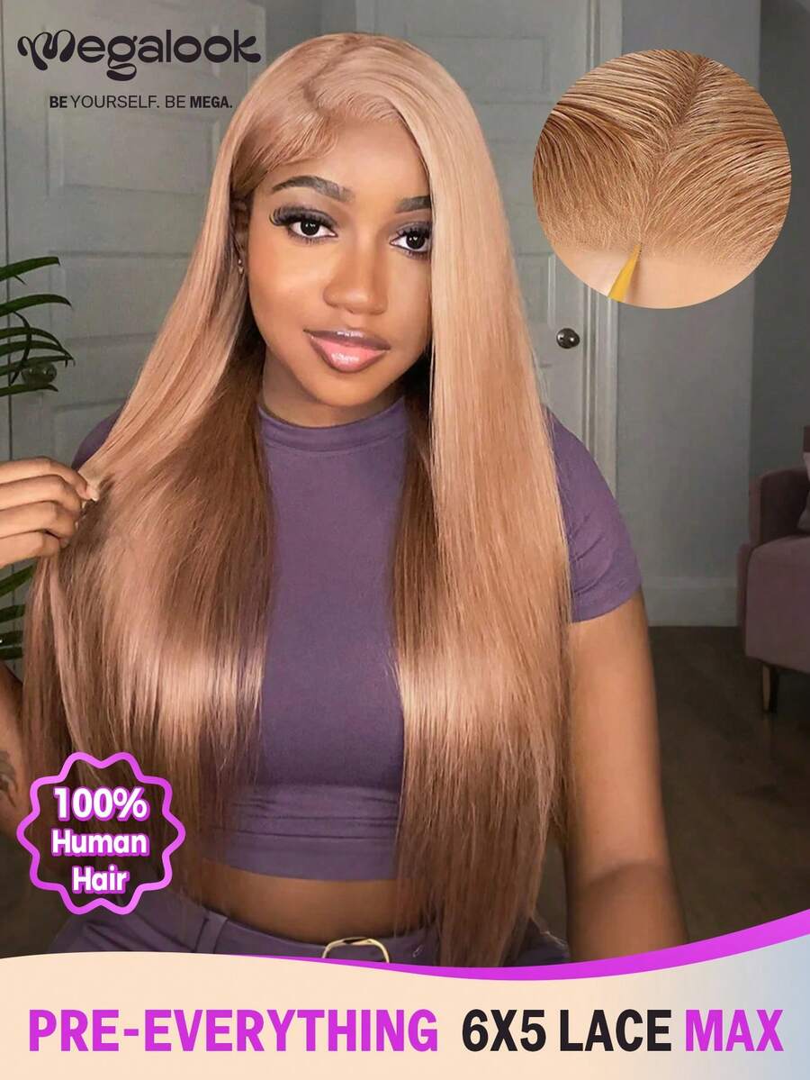 MEGALOOK 6"X5" Silky Straight Hairline Transparent Lace Front Wig, Milk Tea Brown Color