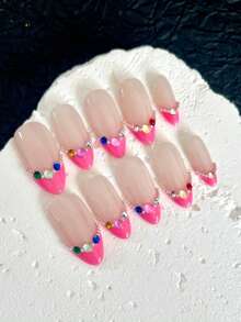 10 Peças Unhas Postiças Curtas Feitas à Mão com Bolinhas, Para Festa e Uso Diário, Strass 3D, Para Meninas, Fácil de Usar. 10 Peças Unhas Postiças Feitas à Mão Estilo Y2K, Gemas Artificiais Brilhantes, Estilo Primavera e Verão, Adequado para Meninas e Mulheres em Festivais, Festas e Uso Diário (Observação: A Cor dos Acessórios é Aleatória) - Rosa chiclete - Visão 2