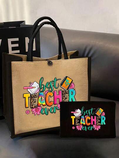 Creative Teacher Alphabet Printed Linen Handbag-Printed With Fountain Pens, Notebooks, And Floral Patterns, Big Bag With Small Bag,Khaki Color Block Shopping Bag, Teacher's Thank You Gift, Women's Linen Large Capacity Handbag,Large Capacity, Making It An Ideal Shopping Bag. Suitable For Couples, Dating, Birthdays, Back To School,Birthday Gifts, Holiday Gifts,Anniversary Gifts,Valentine's Day, Souvenirs, Bridesmaid Gifts, Ramadan