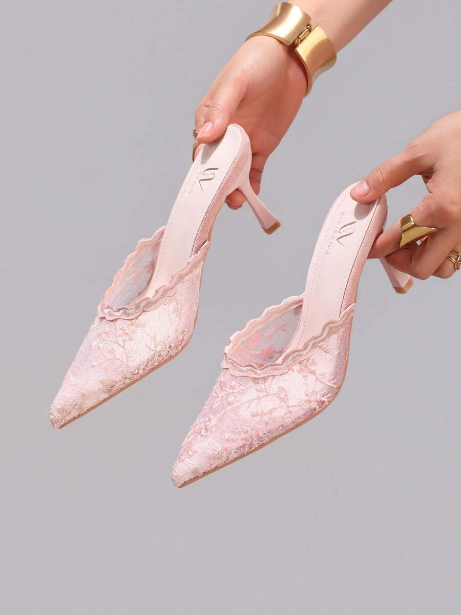 Giày cao gót hở gót ren thêu thời trang, giày dự tiệc mũi nhọn gợi cảm, sandal cao gót màu hồng thoáng khí dễ xỏ. - Hồng - Xem 1