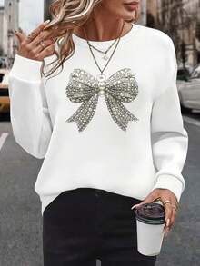 Sudaderas Para MujerWinter Clothes Sweaters Pearl Bow Loose And Comfortable Sweatshirts New Year Fit Sweatshirts SweatersLoose And Comfortablesweat Shirt - 白色 - 查看 1