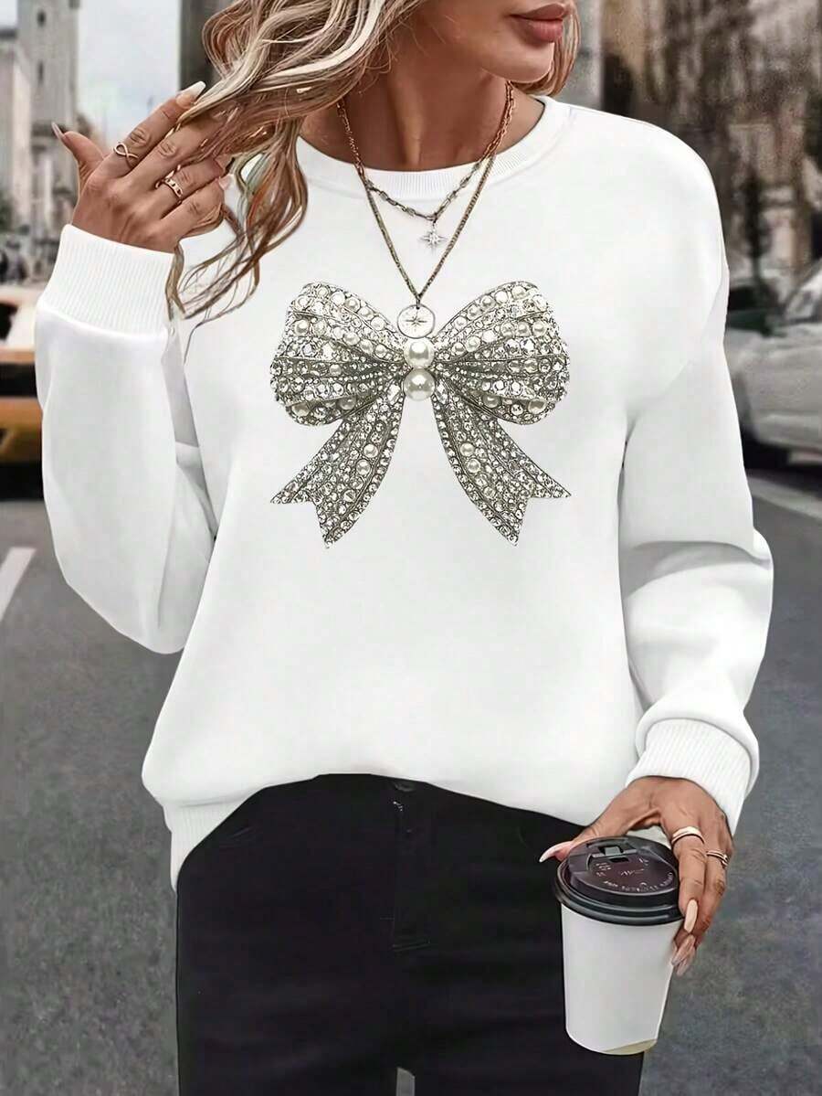 Sudaderas Para MujerWinter Clothes Sweaters Pearl Bow Loose And Comfortable Sweatshirts New Year Fit Sweatshirts SweatersLoose And Comfortablesweat Shirt - 白色 - 查看 1