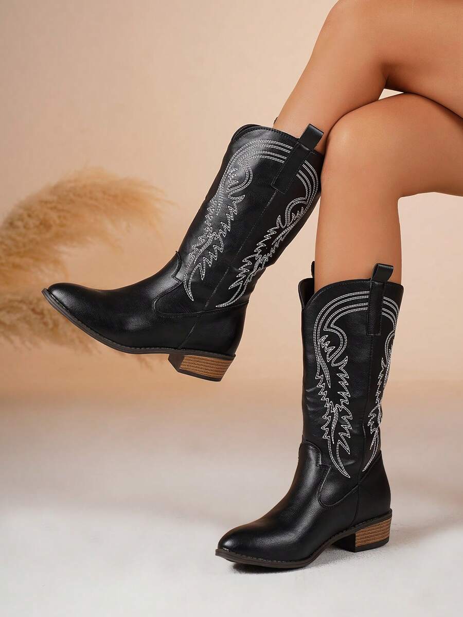 Fall/Winter 2025 New Women's Embroidered Leather Black Western Boots, Pointed Toe Chunky Heel Over-The-Knee Boots, Outdoor Casual Fashion Boots,Cowboy Boots,Cowgirl Boots,Coachella