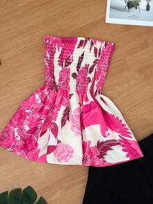 Women's Two-Piece Set, Strapless Printed Top And Plain Shorts, Casual Summer Outfit. - 珊瑚粉 - 查看 2