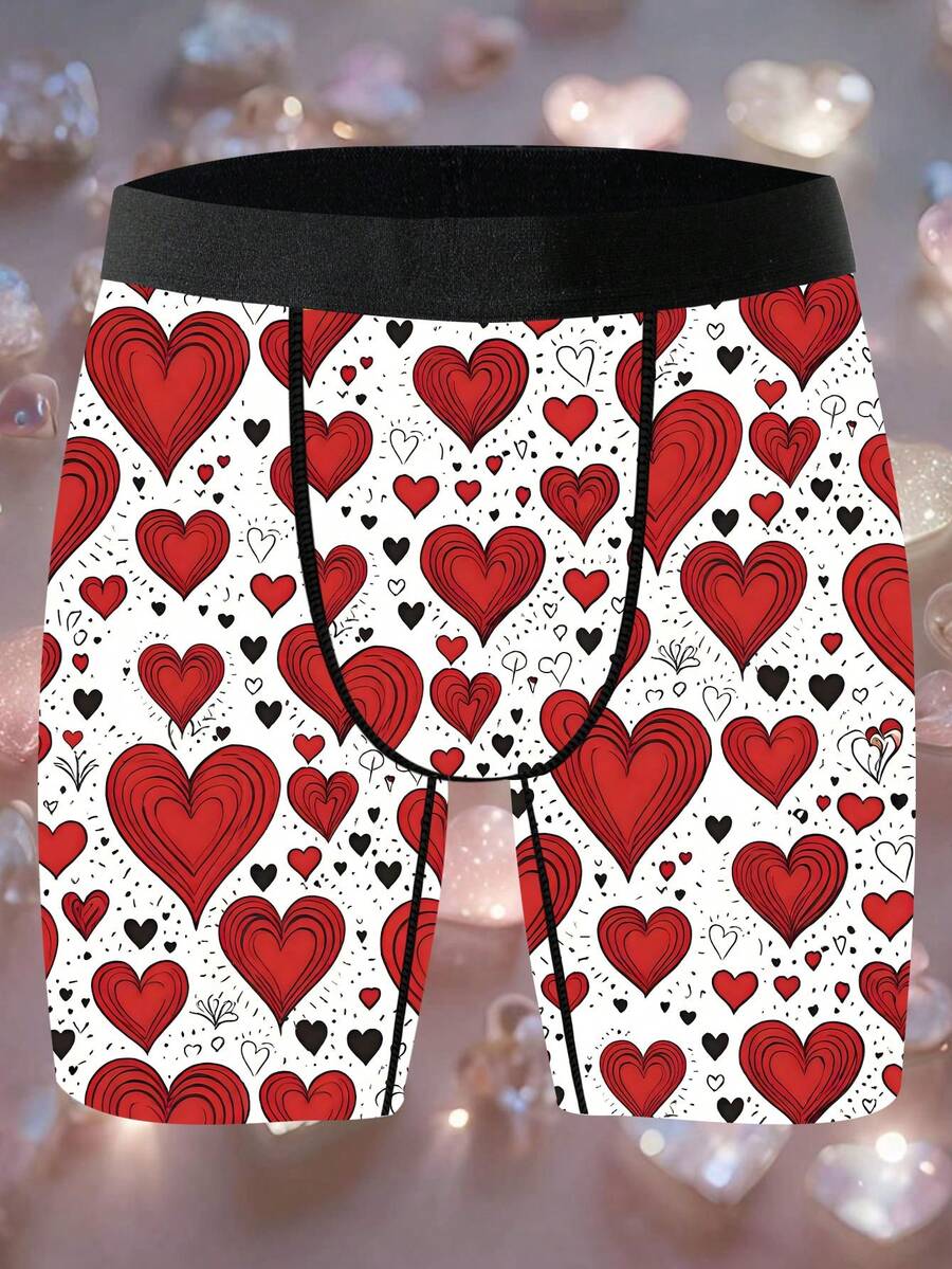 1 Pack Of Novelty Men's Shorts, Laser-Cut Red Valentine's Day Pattern Printed Shorts, Knitted Fabric, Four-Needle Six-Thread Technique, Breathable And Sweat-Wicking, Soft And Skin-Friendly. Perfect Valentine's Day Gift For Boyfriends. Naughty And Cute, Perfect For Casual Home Wear.