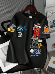 Tween Boy Slogan & Star Print Round Neck Short Sleeve Casual T-Shirt - Black - View 3