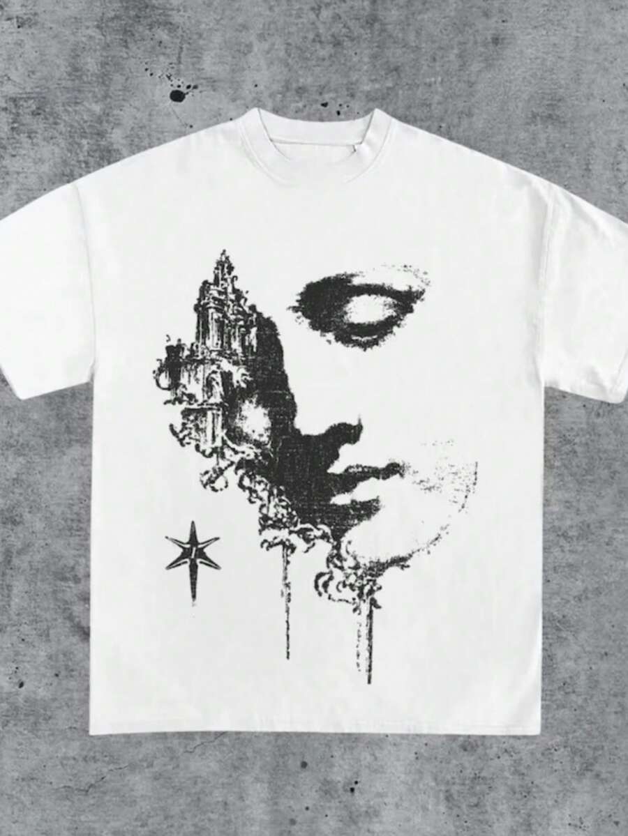 Vintage 90s Abstract Face Tears Graphic Tee _ Emotional Art Print Shirt _ Gothic Aesthetic Streetwear Tee - 白色 - 查看 1