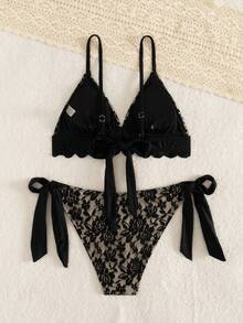 2pcs/Set Elegant Lace Sexy Backless Swimwear, Suitable For Beach, Vacation, All Seasons Black - Black - View 4