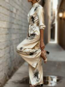 优雅女士交叉蕾丝缎面亮面无袖吊带背心，黄色，时尚，奢华，复古，浪漫，休闲，宽松，柔软，舒适，不对称下摆，春夏度假风 - 杏色 - 查看 4