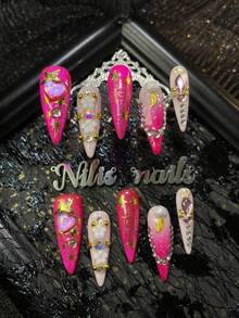 10 piezas Kit de uñas acrílicas de tacón, uñas rosas rojas y rosas, rosa rojo teñido, flores 3D tridimensionales y bolas de acero y rhinestones de colores y corazones, y otros accesorios de decoración de uñas - Rosa Fucsia - Ver 3